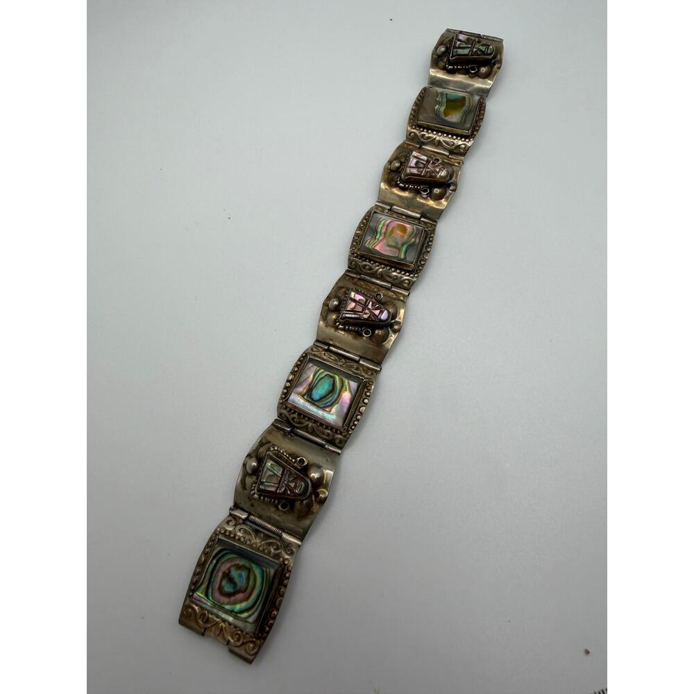 Vintage 1950"s Alpaca Hecho en Mexico Taxco abalone Panel Link Bracelet - Picture 5 of 7